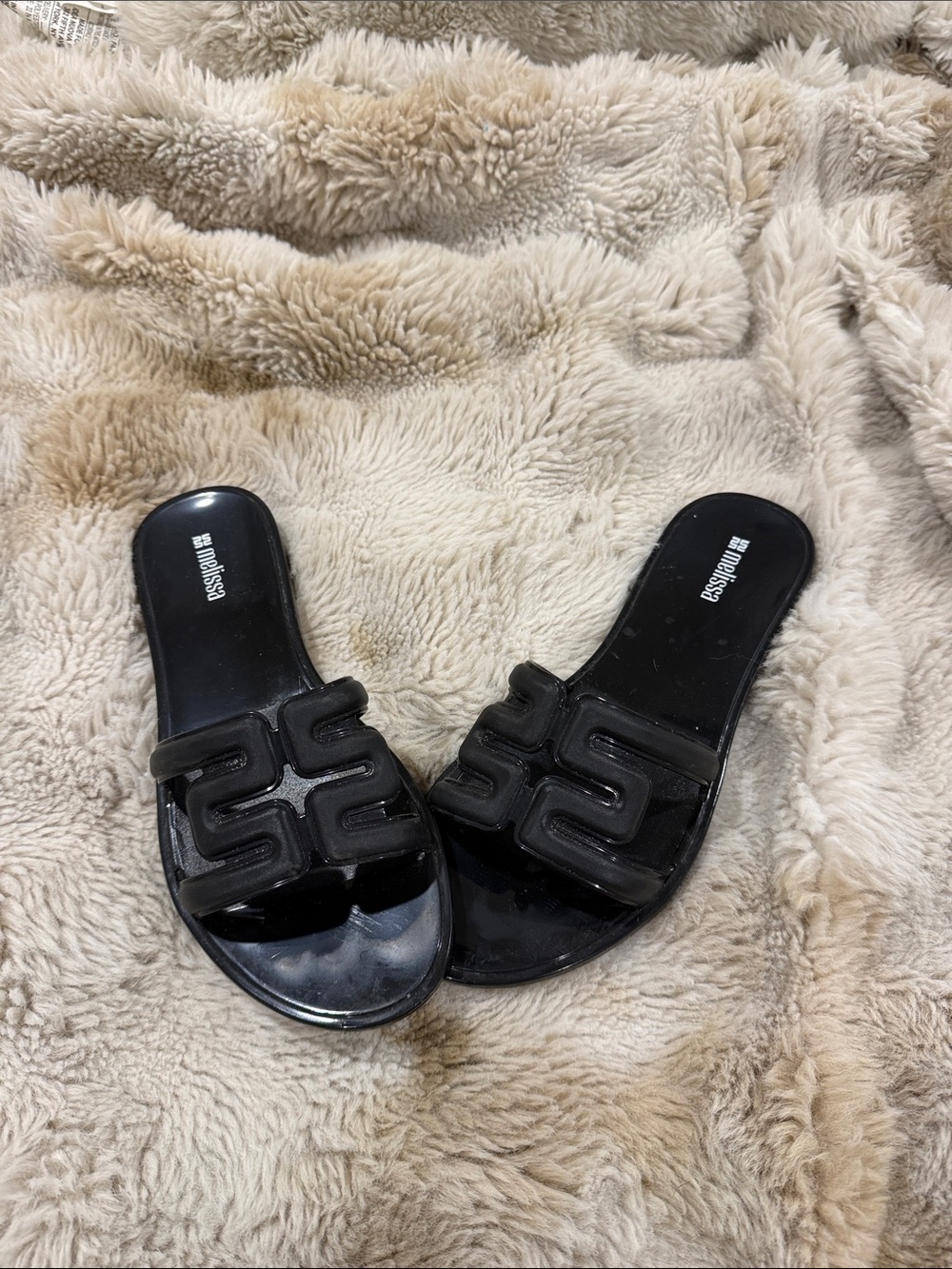 Melissa Black Glossy Slide Sandals with Signature Geometric Strap